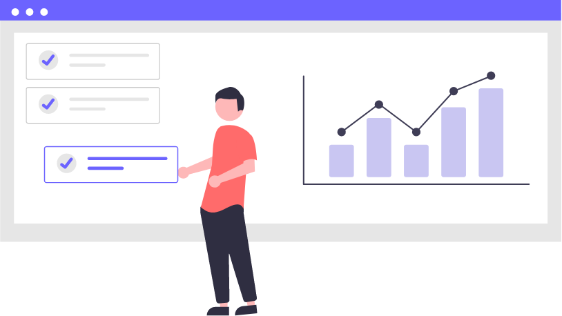 Illustration of a team leader reviewing a productivity chart and task checklist